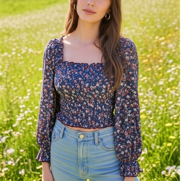 NWT BAND OF THE FREE Cropped Purple Floral Smocked Long Sleeve Blouse Sz XS - Picture 12 of 12
